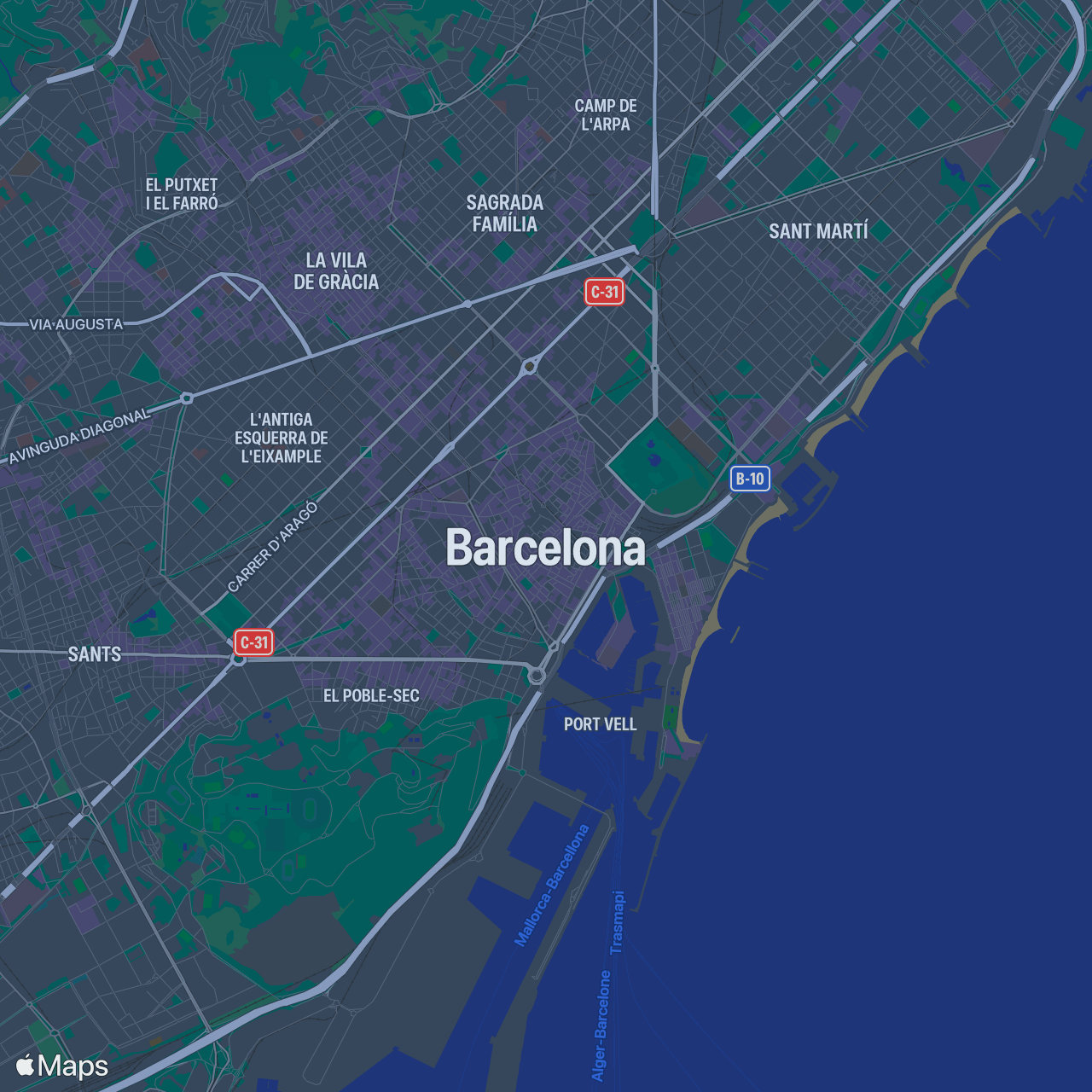 Map of Barcelona (Spain) in dark mode