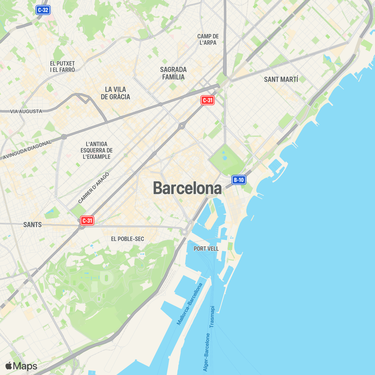 Map of Barcelona (Spain) in light mode